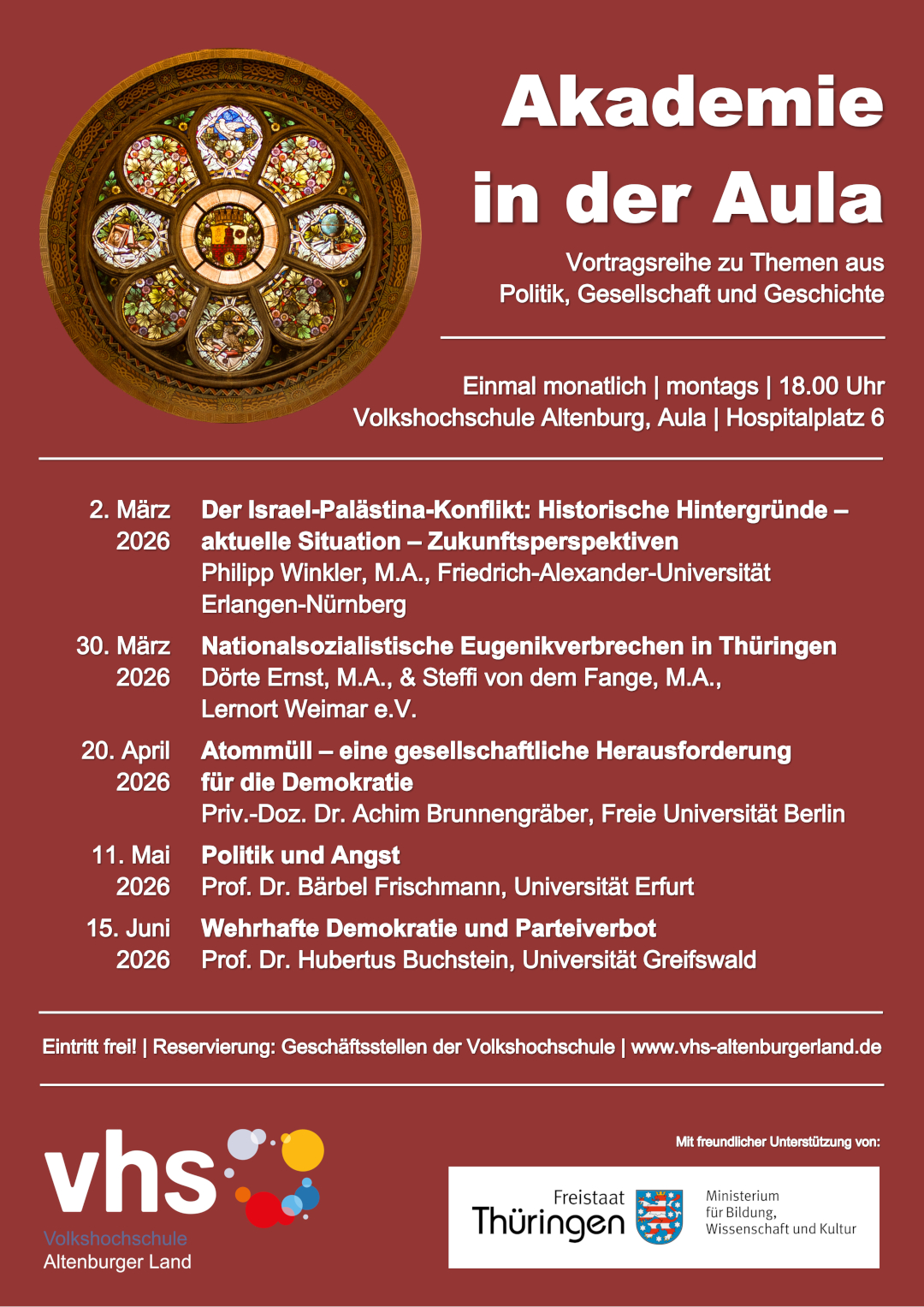 Plakat "Akademie in der Aula", Frühjahrssemester 2026.